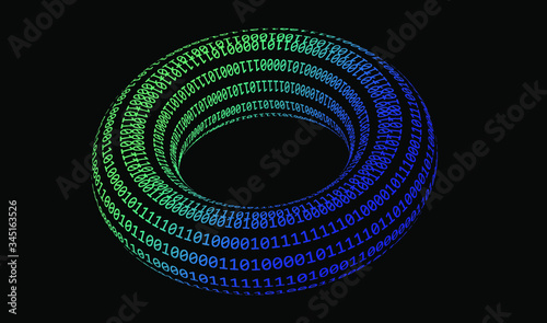 Glowing neon torus made of binary digits, zeros and ones. Metaphor of complexity and connectionism, cyberspace and virtual reality.