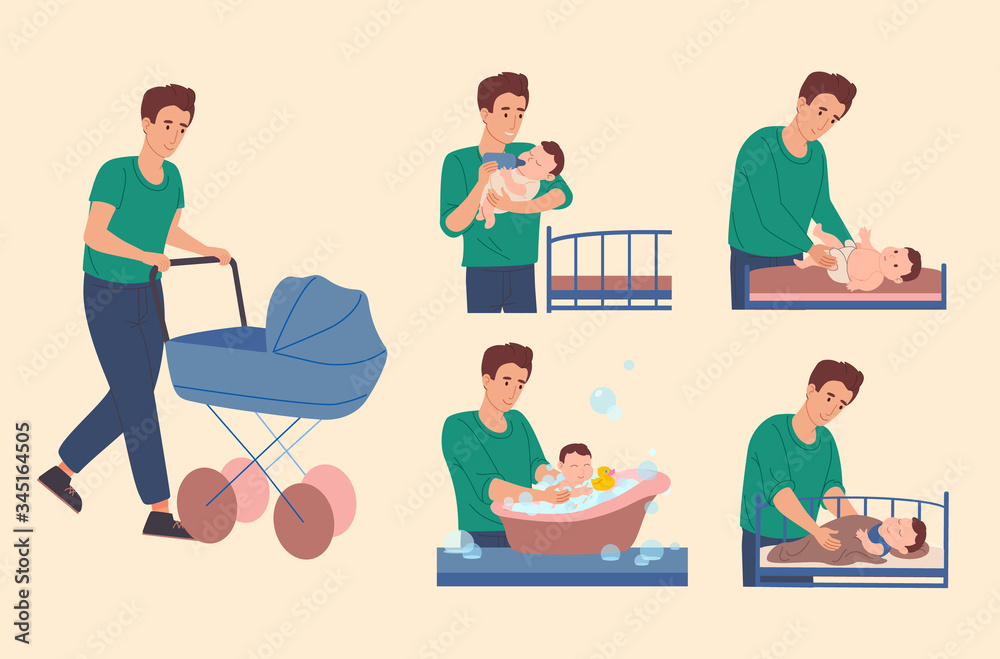 Dad takes care of the baby: he walk with a child, changes the diaper for the baby, bathes him in the bath, feeds him from the bottle and puts him in bed. Father spends time with his son. Vector Dad takes care of the baby: he walk with a child, changes the diaper for the baby, bathes him in the bath, feeds him from the bottle and puts him in bed. Father spends time with his son. Vector
