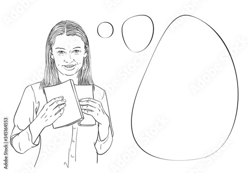 Young woman holds open book, looks at camera, smiles and thinks with thought bubble, vector sketch, hand drawn linear illustration