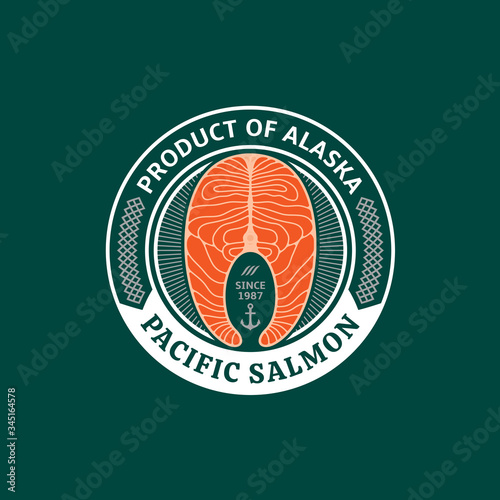 Vector Alaskan salmon logo on a green background. Atlantic, chinook, sockeye or pink salmon raw steak illustrations