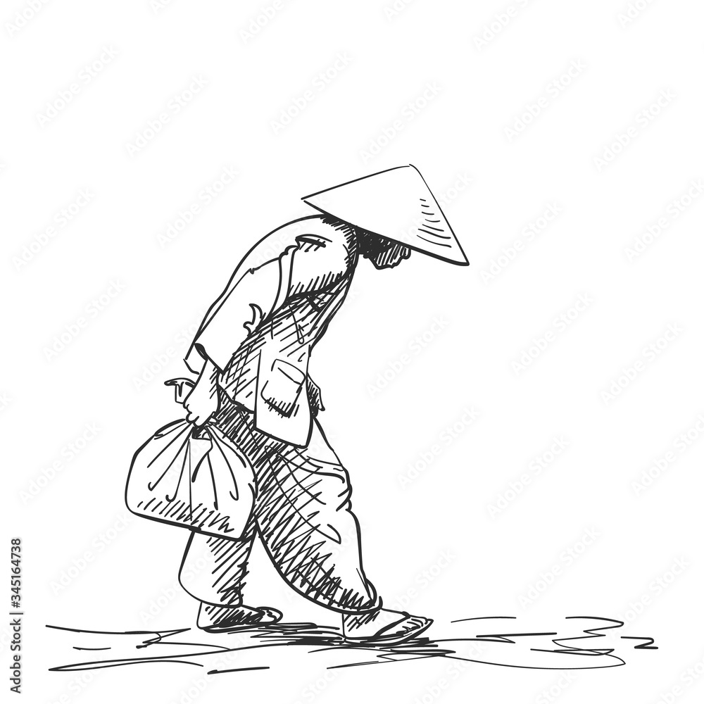 Weak hunched old woman in vietnamese hat walking with bag in hand, Vector  sketch, Hand drawn illustration with cross hatching Stock Vector | Adobe  Stock