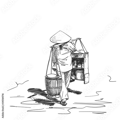 Woman in vietnamese hat carrying yoke on her shoulder, Asian street food vendor back view. Vector sketch, Hand drawn illustration with cross hatching