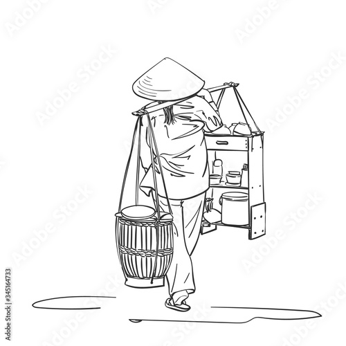 Woman in vietnamese hat carrying yoke on her shoulder, Asian street food vendor back view. Vector sketch, Hand drawn linear illustration