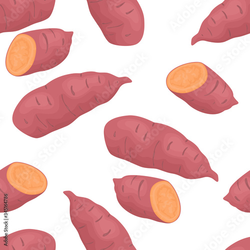 Sweet potatoes seamless pattern. Vegetables background. Organic healthy food. Vector illustration in cartoon flat style.