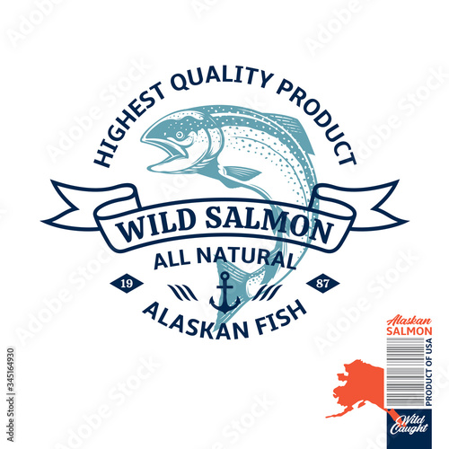 Vector wild caught Alaskan salmon logo. Salmon label with sample text. Seafood logotype design. Fish illustration