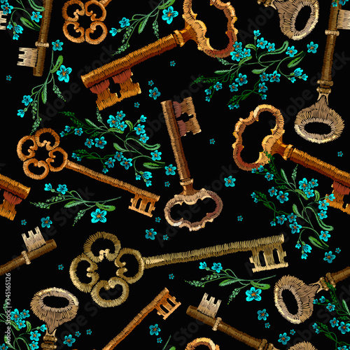 Golden vintage keys and green meadow flowers seamless pattern. Embroidery art. Romantic summer background. Template fashionable clothes, t-shirt design