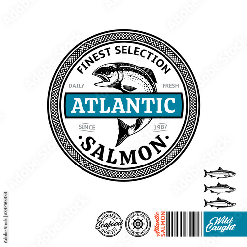 Atlantic salmon logo. Seafood label with sample text. Atlantic, sockeye and pink salmon illustration. Vector logotype design