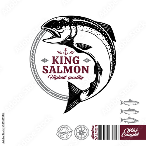 Alaskan king salmon logo. Atlantic, sockeye and pink salmon illustration. Seafood label with sample text. Vector logotype design