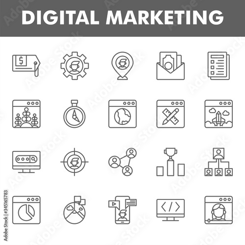 digital marketing icon pack in line and glyph style. icon pack for your web site design, logo, app, UI. Vector graphics illustration and editable stroke. EPS 10.