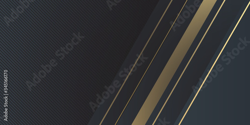 Gold lines on black background. Luxury black background banner vector illustration with gold strip art deco line for banner. modern luxury background vector overlap layer on dark and shadow black