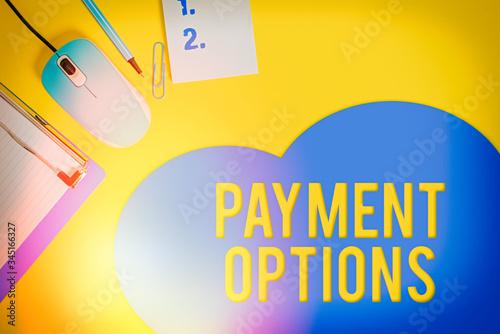 Word writing text Payment Options. Business photo showcasing The way of chosen to compensate the seller of a service Metal clipboard blank paper sheet clip mouse pencil note colored background photo