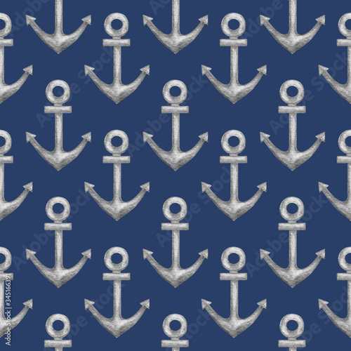 Seamless pattern with watercolor silver anchor. Hand drawn nautical  marine  illustration on navy blue background for design card  print  textile  wrapping paper  scrapbooking  wallpaper. Sea theme.