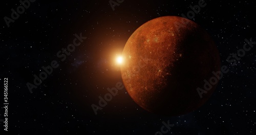 Red Planet And Sun Light View. Red galaxy in space. Elements of this image furnished by NASA