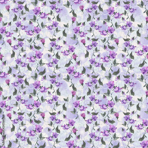 Watercolor floral pattern with sweet pea flowers. Branches, leaves, pods and tendrils in watercolor style. Elegant pattern for fashion prints, printing fabrics, wrapping paper