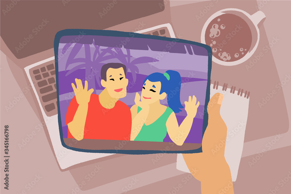 Hand with tab and workspace background. Chatting with friends or family online. Hand with tab and workspace background. Chatting with friends or family online.