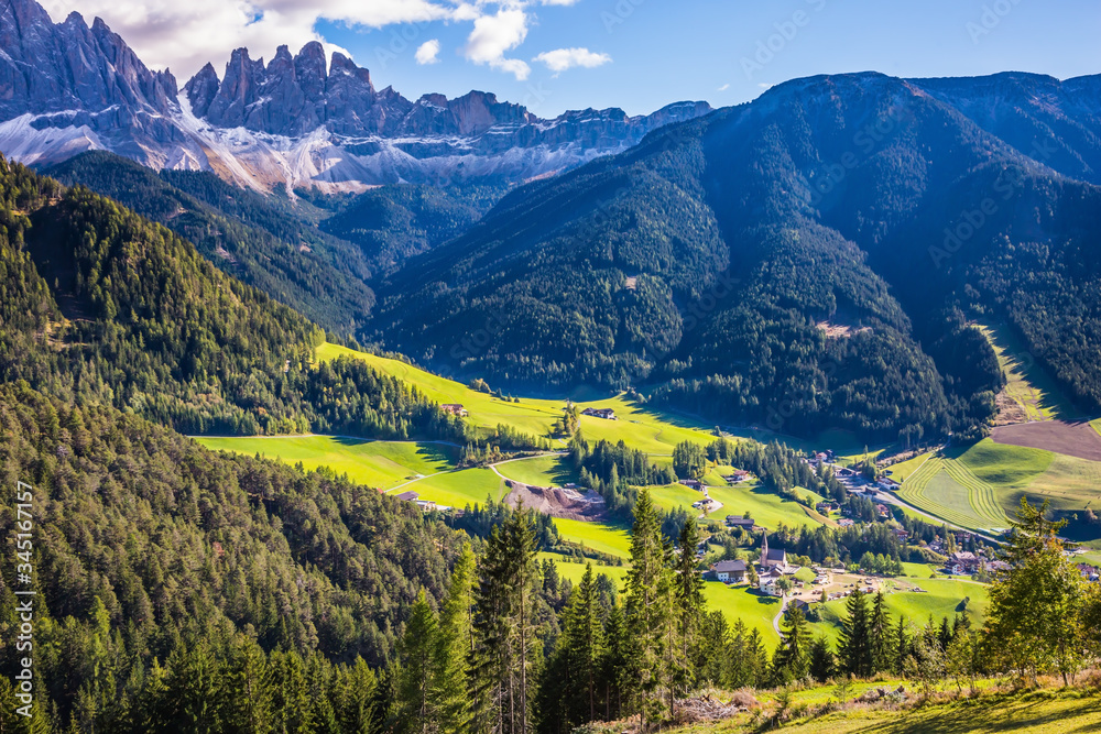 The forested mountains in Val de Funes