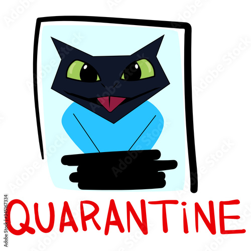 Cartoon quarantined cat. Black cat showing tongue. Funny perky character for stickers, design and print. Animal on a medical theme for blogs and social networks. Handwritten Quarantine inscription.