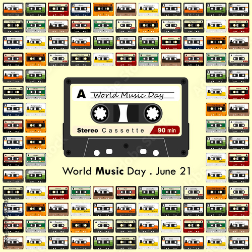 World Music Day. Cassette Pattern Background.