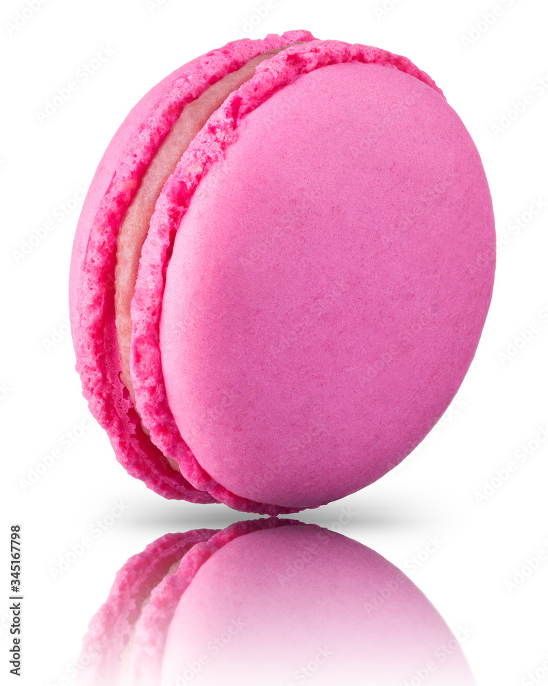 Macro photo of french pink rose macaroon isolated on white background Macro photo of french pink rose macaroon isolated on white background