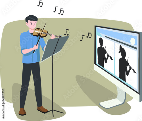 A man praticing his violin ability by joining online music class