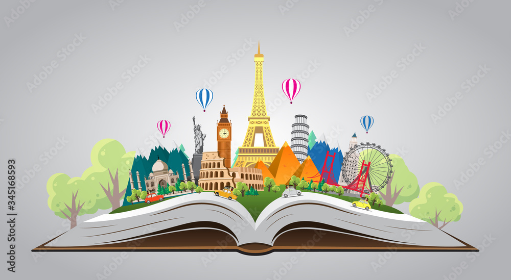 Obraz premium Travel to World. Road trip. Big set of famous landmarks of the world on the book. Time to travel, tourism, summer holiday. Different types of journey. Flat design vector illustration