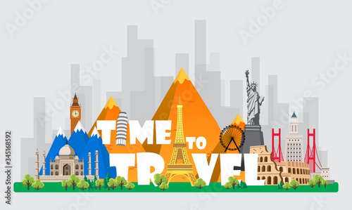 Travel to World. Road trip. Big set of famous landmarks of the world. Time to travel, tourism, summer holiday. Different types of journey. Flat design vector illustration