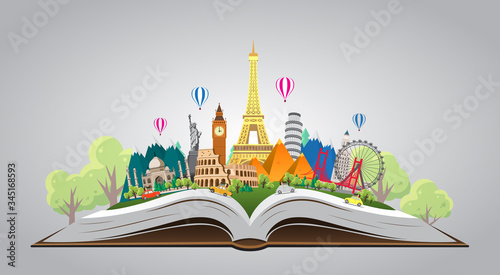 Travel to World. Road trip. Big set of famous landmarks of the world on the book. Time to travel, tourism, summer holiday. Different types of journey. Flat design vector illustration