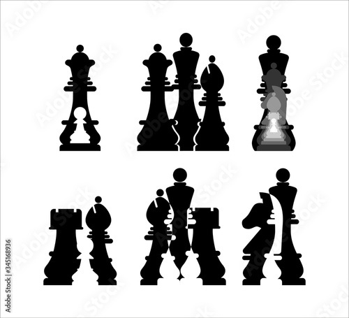 Set icon chess. King, queen, pawn, rook, horse, bishop on black and white squares.