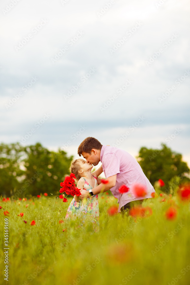 child with dad picking flowers in poppy field child with dad picking flowers in poppy field