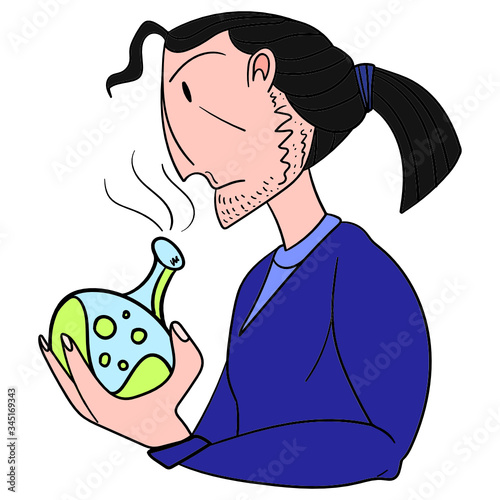 Wizard sniffing a flask with a potion. Color cartoon character of an alchemist or wizard. A black-haired stylized man with a bottle in his hands. An evil sorcerer creating a drug. Vector character.