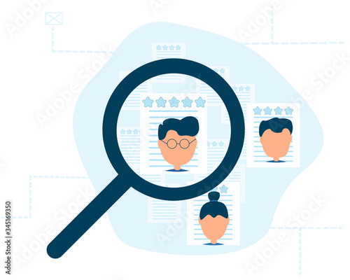 HR searching new employee reviewing resumes. Resumes with rates and ]photos under magnifier glass. In blue colors. Vector isolated