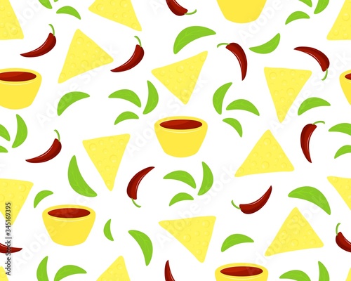 Seamless pattern of maxican food. Yellow nachos of corn, pepper, sauce,basil. Vector