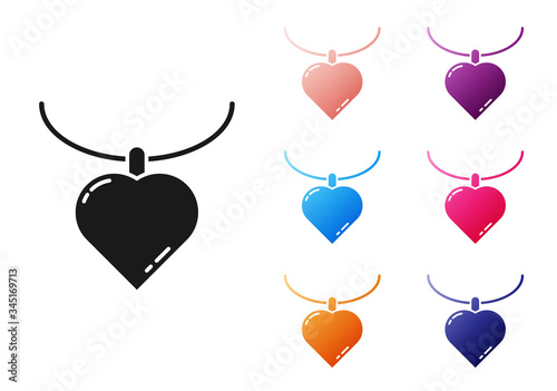 Black Necklace with heart shaped pendant icon isolated on white background. Jewellery decoration. International Happy Women Day. Set icons colorful. Vector Illustration