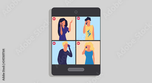 Group video call vector communication conference business screen technology. Office team chat meeting illustration network. Digital conversation remote talk. Virtual speak service teleconference
