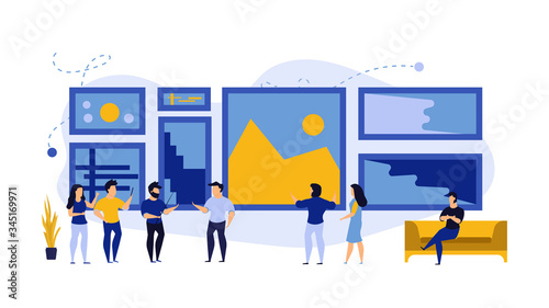 Art business gallery visitor people man and woman illustration exhibition. Museum painting modern artwork picture exposition. Contemporary culture excursion tourist. Hall guide watch frame canvas