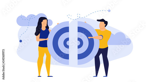 Target business puzzle concept vector illustration teamwork people. Businessman team strategy communication success. Idea jigsaw piece symbol. Connection goal cooperation partnership support together