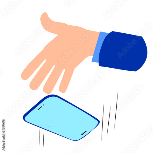A man drops phone down. Hand with open palm and gadget falling. Human error in flat style. Vector image on a white background for sites, blogs, design and print.