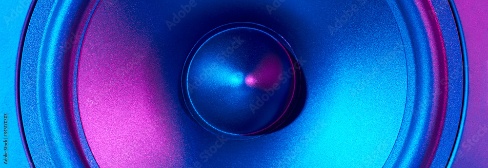 Sound audio speaker with neon lights, long banner. Dynamic monitor close up. Creative backgroound - obrazy, fototapety, plakaty 