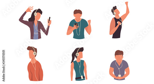 People listen music in earphone and headphone with phone cartoon vector set illustration. Teenager character dancing with device. Happy man and woman concept leisure