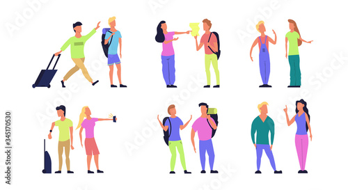 Travel tourist vector people flat illustration. Character vacation journey set. Couple trip icon adventure with backpack  phone. Happy summer element concept. Holiday collection isolated man and woman