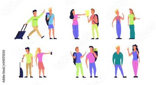 Travel tourist vector people flat illustration. Character vacation journey set. Couple trip icon adventure with backpack, phone. Happy summer element concept. Holiday collection isolated man and woman