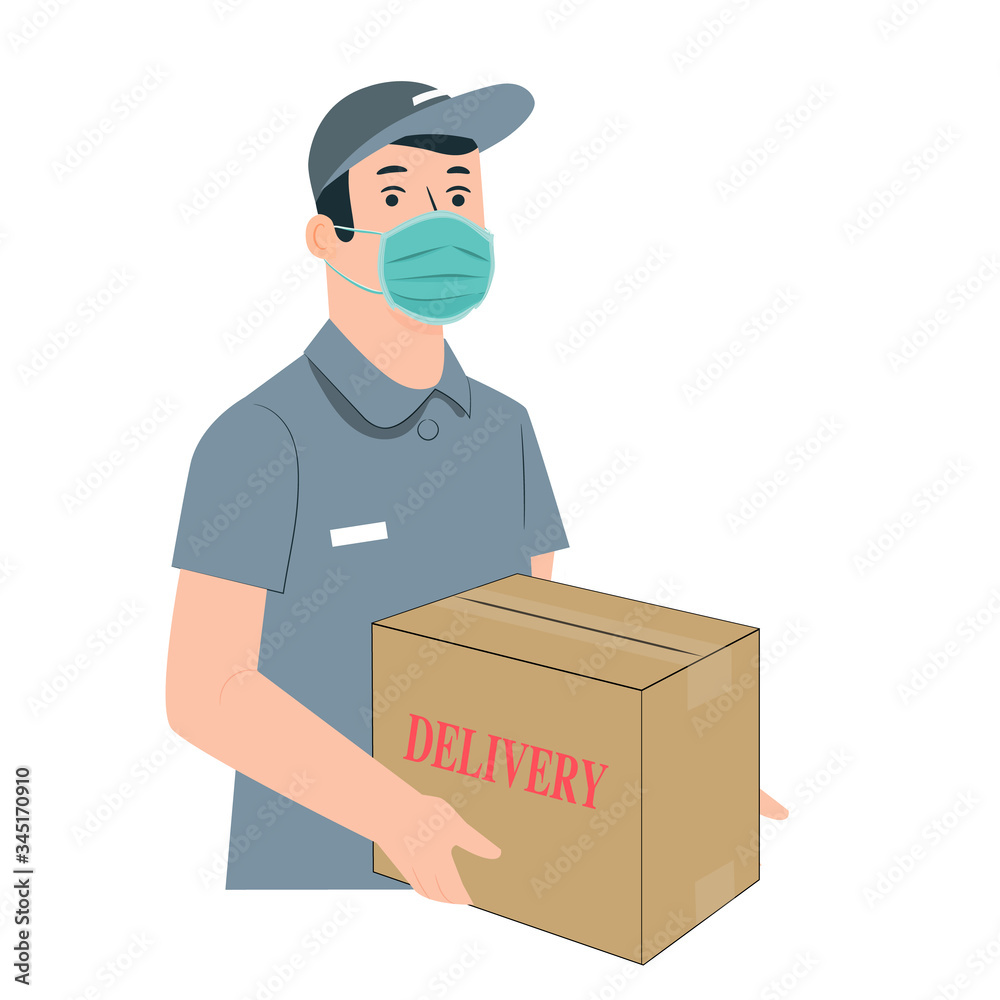 Delivery of goods during the prevention of coronovirus, Covid-19. Courier in a face mask with a box in his hands. Portrait from the waist up. Vector flat illustration. Delivery of goods during the prevention of coronovirus, Covid-19. Courier in a face mask with a box in his hands. Portrait from the waist up. Vector flat illustration.