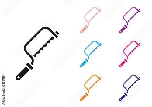 Black Hacksaw icon isolated on white background. Metal saw for wood and metal. Set icons colorful. Vector Illustration