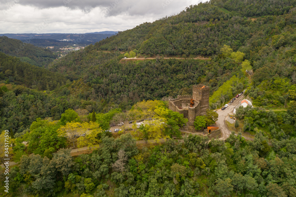 Lousa Castle drone aerial view on the mountains landscape in Portugal Lousa Castle drone aerial view on the mountains landscape in Portugal
