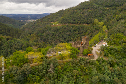 Lousa Castle drone aerial view on the mountains landscape in Portugal