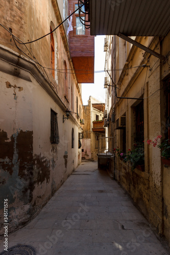 Azerbaijan  Baku  Icheri Sheher streets of the old city  color and ordinary life of citizens. Balconies  alleys  terraces  narrow walkways