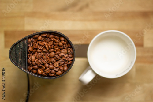Grain coffee in a coffee grinder and a mug of milk on the table.