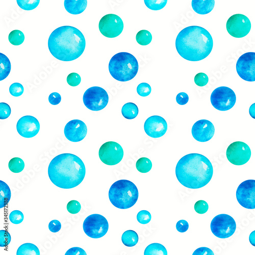 Seamless watercolor pattern with the image of bubbles of blue and light green, randomly scattered on a light background. Suitable for abstract backgrounds and scrapbooking.