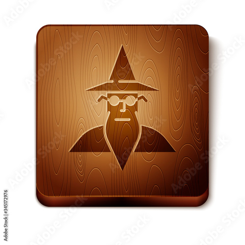 Brown Wizard warlock icon isolated on white background. Wooden square button. Vector Illustration