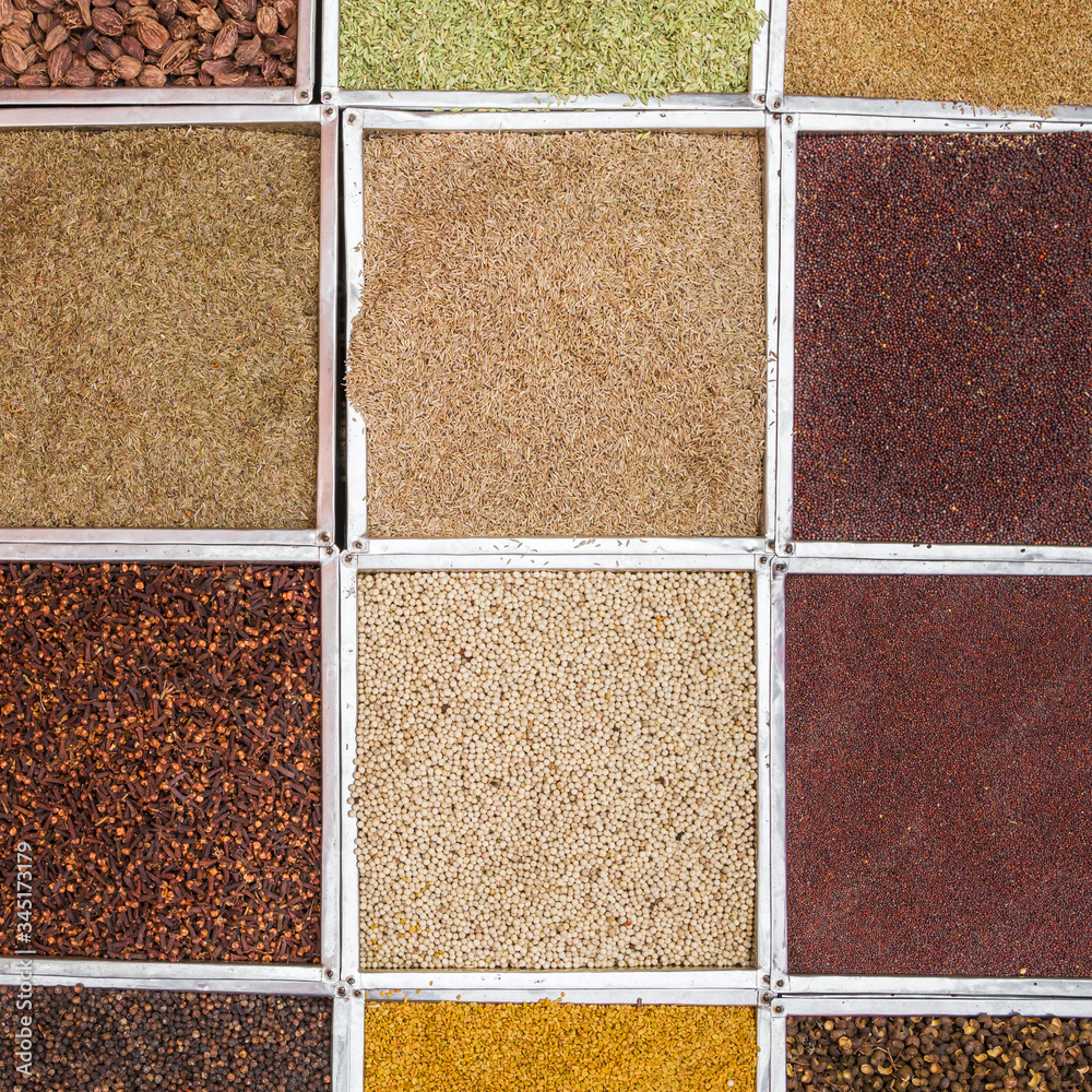 Fototapeta premium Various of Indian colorful powder spices on the market in India